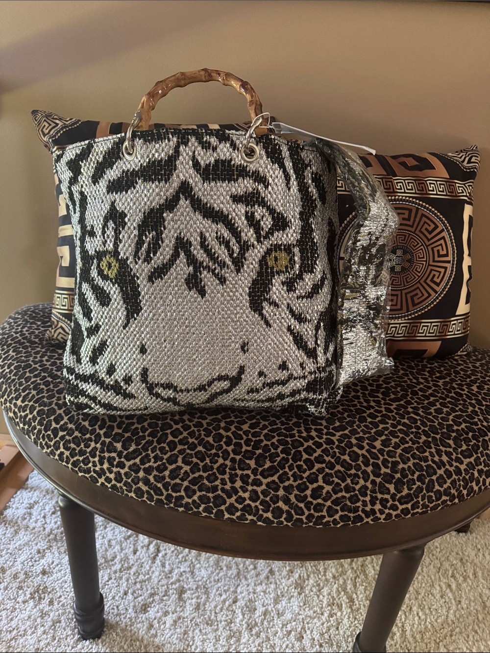Sequin White & Black Tiger Tote Bag with Bamboo Handle
